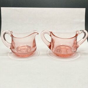 Vintage Pink Depression Glass Cut Floral Bottom Sugar Creamer Set